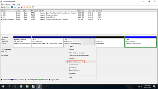 Extend Volume disabled